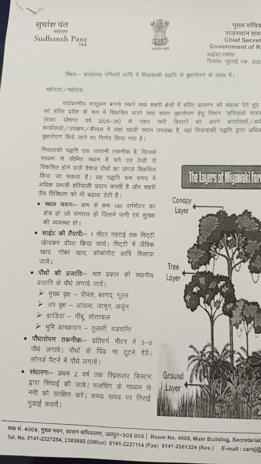 राजस्थान सरकार ने सभी विभागों को मियावाकी पद्धति से वृक्षारोपण के निर्देश दिए , मुख्य सचिव सुधांश पंत ने 15 अगस्त तक हरित प्रदेश बनाने की अपील की
